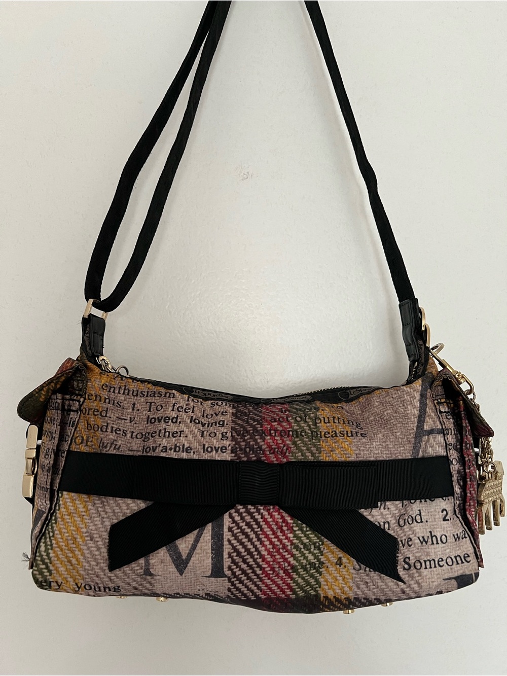 L.A.M.B. Multicolor Plaid Text-Print Shoulder Bag with Black Bow